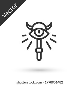 Grey line Magic staff icon isolated on white background. Magic wand, scepter, stick, rod.  Vector