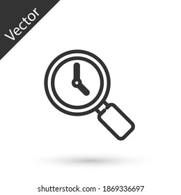 Grey line Magnifying glass with clock icon isolated on white background. Vector.