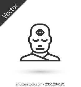 Grey line Man with third eye icon isolated on white background. The concept of meditation, vision of energy, aura.  Vector Illustration