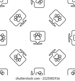 Grey line Map pointer with veterinary medicine hospital, clinic or pet shop for animals icon isolated seamless pattern on white background. Veterinarian clinic.  Vector