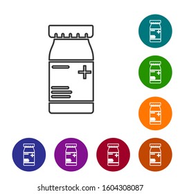Grey line Medicine bottle and pills icon isolated on white background. Bottle pill sign. Pharmacy design. Set icons in color circle buttons. Vector Illustration