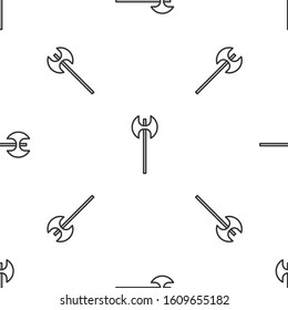 Grey line Medieval axe icon isolated seamless pattern on white background. Battle axe, executioner axe. Medieval weapon.  Vector Illustration