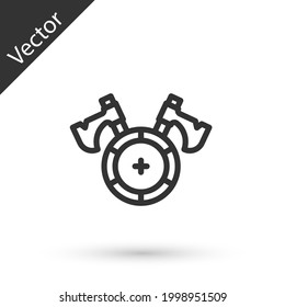 Graue Linie Mittelalterliches Schild mit gekreuzten Achsen Symbol einzeln auf weißem Hintergrund. Schlacht Axt, Scharfrichter Axt.  Vektorgrafik