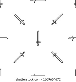 Grey line Medieval sword icon isolated seamless pattern on white background. Medieval weapon.  Vector Illustration