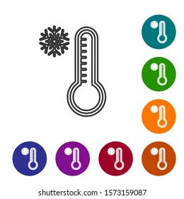 Grey line Meteorology thermometer measuring heat and cold icon isolated on white background. Thermometer equipment showing hot or cold weather. Set icons in color circle buttons. Vector Illustration