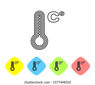 Grey line Meteorology thermometer measuring heat and cold icon isolated on white background. Temperature Celsius. Set icons in color rhombus buttons. Vector Illustration