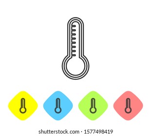 Grey line Meteorology thermometer measuring heat and cold icon isolated on white background. Thermometer equipment showing hot or cold weather. Set icons in color rhombus buttons. Vector Illustration