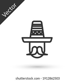 Grey line Mexican man wearing sombrero icon isolated on white background. Hispanic man with a mustache. Vector.