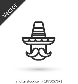Grey line Mexican man wearing sombrero icon isolated on white background. Hispanic man with a mustache.  Vector