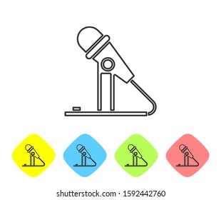 Grey line Microphone icon isolated on white background. On air radio mic microphone. Speaker sign. Set icons in color rhombus buttons. Vector Illustration