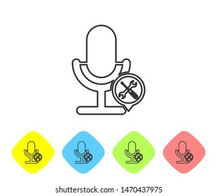 Grey line Microphone with screwdriver and wrench icon isolated on white background. Adjusting, service, setting, maintenance, repair, fixing. Set icon in color rhombus buttons. Vector Illustration