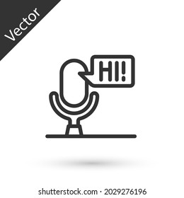 Línea gris Icono de dispositivo de voz de micrófono aislado en fondo blanco. Intérprete de micrófono y letras alfabéticas.  Vector