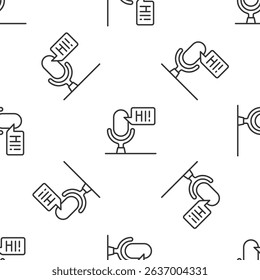 Grey line Microphone voice device icon isolated seamless pattern on white background. Microphone interpreter and alphabet letters.  Vector