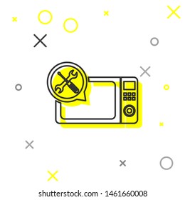 Grey line Microwave oven with screwdriver and wrench icon isolated on white background. Adjusting, service, setting, maintenance, repair, fixing.  Vector Illustration