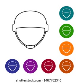 Grey line Military helmet icon isolated on white background. Army hat symbol of defense and protect. Protective hat. Set icons in color circle buttons. Vector Illustration