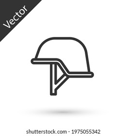 Grey line Military helmet icon isolated on white background. Army hat symbol of defense and protect. Protective hat. Vector