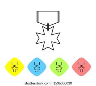 Grey line Military reward medal icon isolated on white background. Army sign. Set icons in color rhombus buttons. Vector Illustration