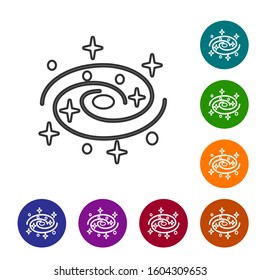 Grey line Milky way spiral galaxy with stars icon isolated on white background. Set icons in color circle buttons. Vector Illustration