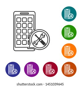 Grey line Mobile Apps with screwdriver and wrench icon isolated on white background. Adjusting, service, setting, maintenance, repair, fixing. Set icon in color circle buttons. Vector Illustration