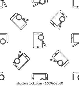 Grey line Mobile phone diagnostics icon isolated seamless pattern on white background. Adjusting app, service, setting options, maintenance, repair, fixing.  Vector Illustration