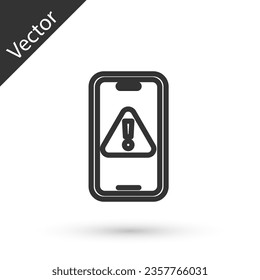 Grey line Mobile phone with exclamation mark icon isolated on white background. Alert message smartphone notification. Vector