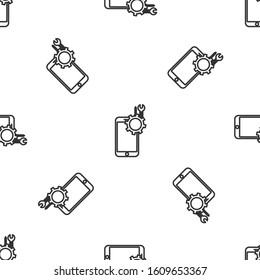 Grey line Mobile phone with screwdriver and wrench icon isolated seamless pattern on white background. Adjusting, service, setting, maintenance, repair.  Vector Illustration