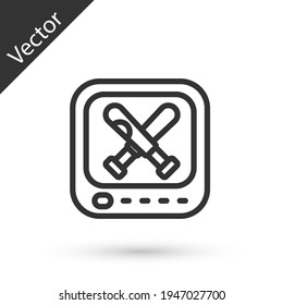 Grey line Monitor with baseball ball and bat on the screen icon isolated on white background. Online baseball game. Vector