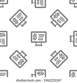 Grey line Monitor with dollar icon isolated seamless pattern on white background. Sending money around the world, money transfer, online banking, financial transaction. Vector