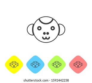 Grey line Monkey zodiac sign icon isolated on white background. Astrological horoscope collection. Set icons in color rhombus buttons. Vector Illustration