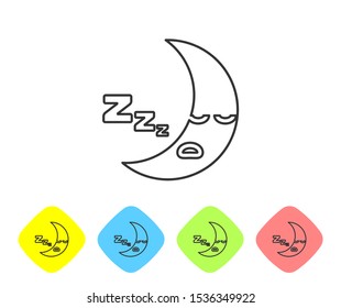 Grey line Moon icon isolated on white background. Cloudy night sign. Sleep dreams symbol. Night or bed time sign. Set icons in color rhombus buttons. Vector Illustration