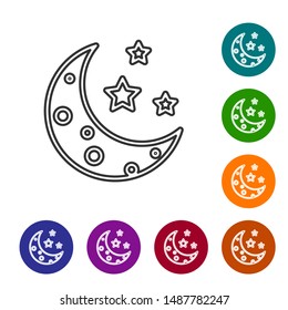 Grey line Moon and stars icon isolated on white background. Set icons in color circle buttons. Vector Illustration