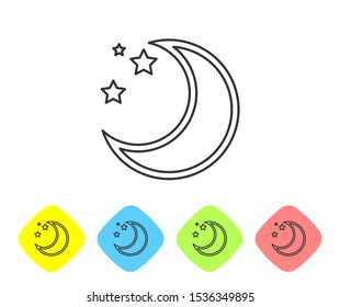 Grey line Moon and stars icon isolated on white background. Set icons in color rhombus buttons. Vector Illustration