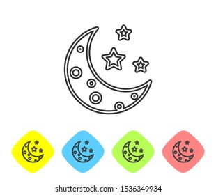 Grey line Moon and stars icon isolated on white background. Set icons in color rhombus buttons. Vector Illustration