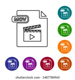 Grey line MOV file document. Download mov button icon isolated on white background. MOV file symbol. Audio and video collection. Set icons in color circle buttons. Vector Illustration