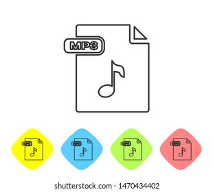 Grey line MP3 file document. Download mp3 button icon isolated on white background. Mp3 music format sign. MP3 file symbol. Set icons in color rhombus buttons. Vector Illustration