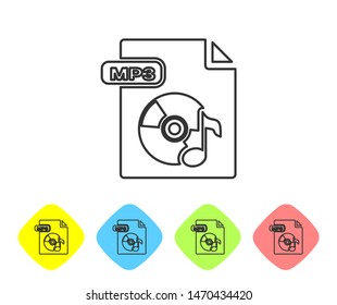 Grey line MP3 file document. Download mp3 button icon isolated on white background. Mp3 music format sign. MP3 file symbol. Set icons in color rhombus buttons. Vector Illustration