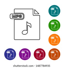 Grey line MP3 file document. Download mp3 button icon isolated on white background. Mp3 music format sign. MP3 file symbol. Set icons in color circle buttons. Vector Illustration