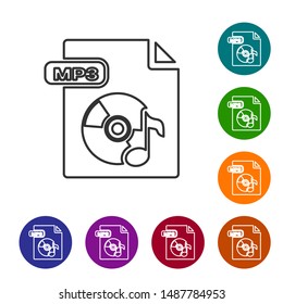 Grey line MP3 file document. Download mp3 button icon isolated on white background. Mp3 music format sign. MP3 file symbol. Set icons in color circle buttons. Vector Illustration