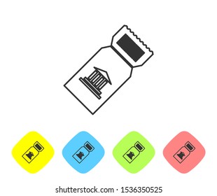 Grey line Museum ticket icon isolated on white background. History museum ticket coupon event admit exhibition excursion. Set icons in color rhombus buttons. Vector Illustration