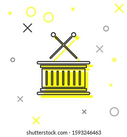 Grey line Musical instrument drum and drum sticks icon isolated on white background.  Vector Illustration