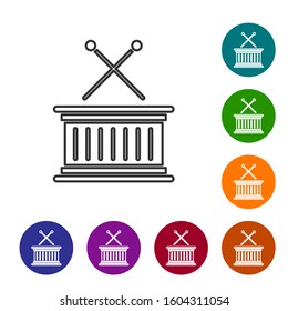 Grey line Musical instrument drum and drum sticks icon isolated on white background. Set icons in color circle buttons. Vector Illustration