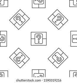 Grey line Mystery box or random loot box for games icon isolated seamless pattern on white background. Question box.  Vector Illustration