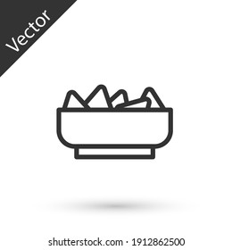 Grey line Nachos in bowl icon isolated on white background. Tortilla chips or nachos tortillas. Traditional mexican fast food menu. Vector.