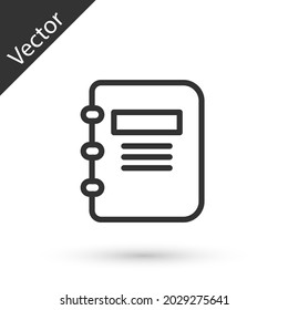 Grey line Notebook icon isolated on white background. Spiral notepad icon. School notebook. Writing pad. Diary for school.  Vector