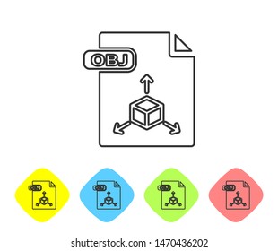 Grey line OBJ file document. Download obj button icon isolated on white background. OBJ file symbol. Set icons in color rhombus buttons. Vector Illustration