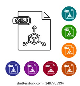 Grey line OBJ file document. Download obj button icon isolated on white background. OBJ file symbol. Set icons in color circle buttons. Vector Illustration