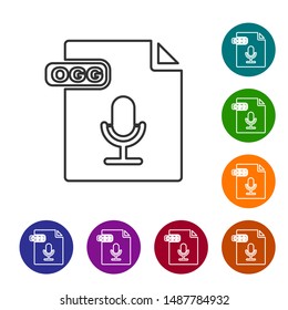 Grey line OGG file document. Download ogg button icon isolated on white background. OGG file symbol. Set icons in color circle buttons. Vector Illustration