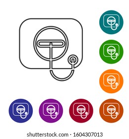 Grey line Oil filler cap opening at the gas station icon isolated on white background. Set icons in color circle buttons. Vector Illustration