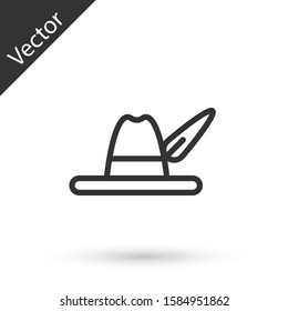 Grey line Oktoberfest hat icon isolated on white background. Hunter hat with feather. German hat.  Vector Illustration