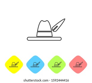 Grey line Oktoberfest hat icon isolated on white background. Hunter hat with feather. German hat. Set icons in color rhombus buttons. Vector Illustration